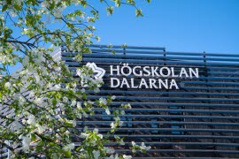 Foto från Campus Falun med Högskolan Dalarnas logotyp. Ett blomstrande träd är i förgrunden. 