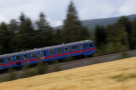 Ett tåg i naturlandskap, fotograferat i farten.