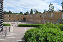 Språkhusets barackbyggnader och grönskande utomhusmiljö på Campus Falun.