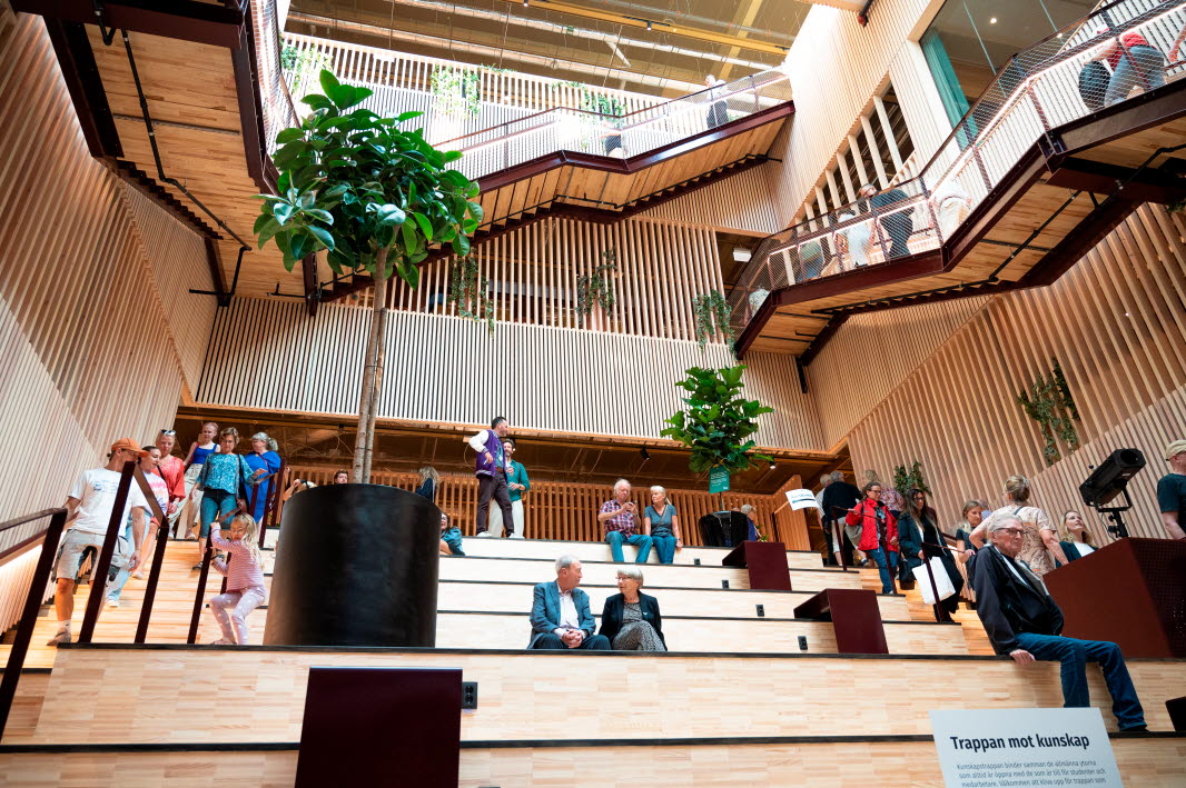 View of the wooden staircase inside Campus Borlänge 