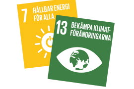 På bilden syns loggorna för FN:s globala mål nummer 7, "hållbar energi för alla", och nummer 13, "bekämpa klimatförändringarna"