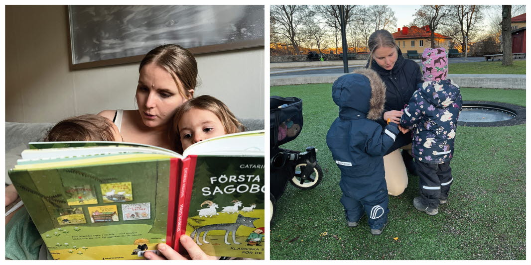 Två bilder. Bild ett kvinna sitter och läser en bok för två barn. Bild två kvinna är på en lekplats med två små barn.