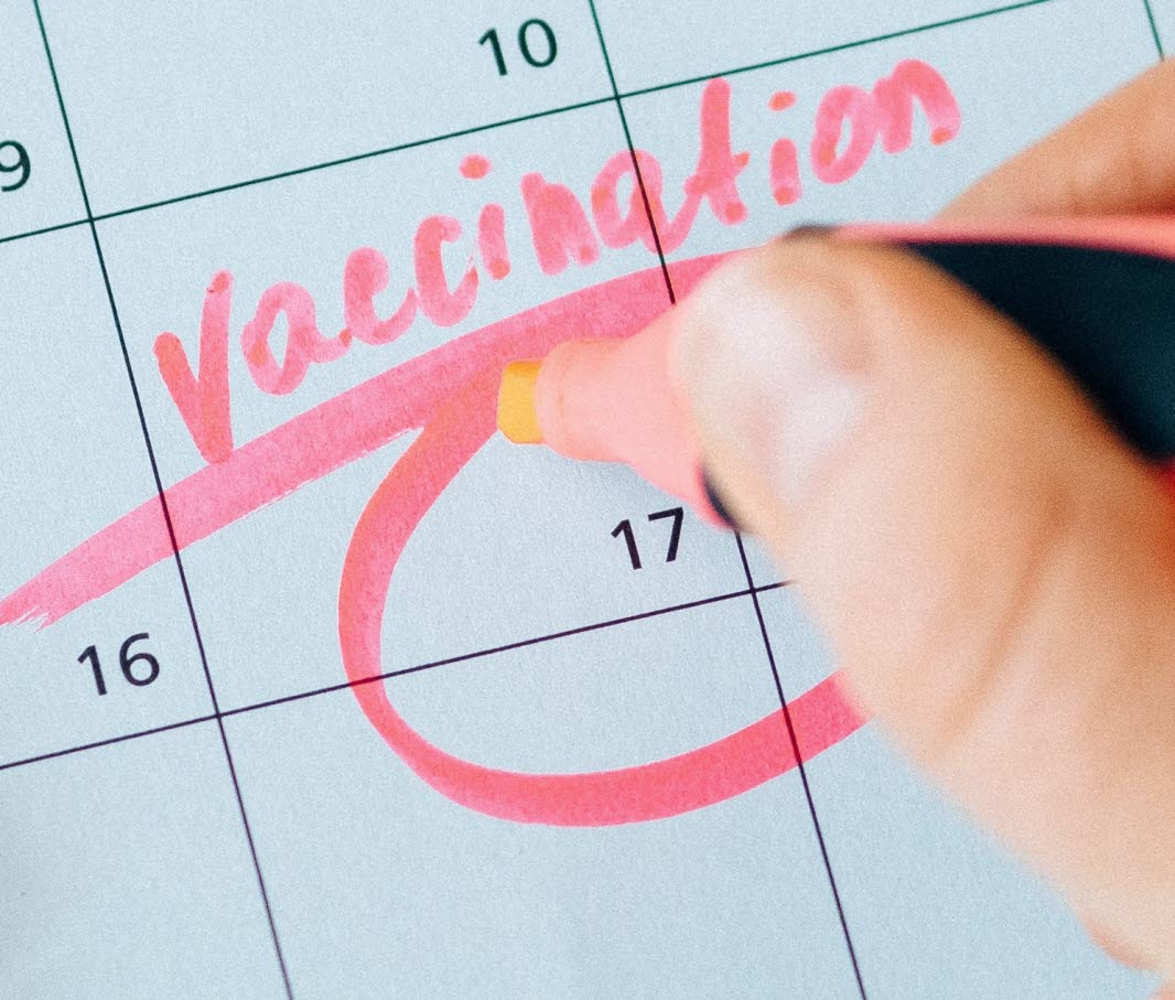 Person markerar i en kalender att den ska vaccinera sig. Ordet vaccination står med rosa text