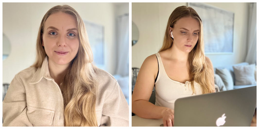 Två bilder. Bild ett kvinna i beige jacka tittar in i kameran. Bild två samma kvinna sitter vid en dator.