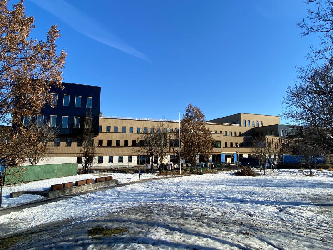 Nya Campus Borlänge, byggnad med träfasad framför en park.