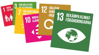På bilden syns loggan för FN:s globala mål nummer 13, "bekämpa klimatförändringarna", och bakom skymtar loggor för mål nummer 1, 3, 7, 10 och 12.