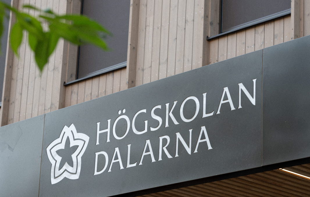 Vy över skylt med texten "Högskolan Dalarna", sylten är grå med vit text. 