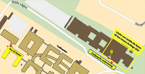 Kartvy med byggander och vägar utmärkta. Markeringar är gjorda i bilden för att tydliggöra "Hus 26" som ligger nord öst om högskolans huvudentré.