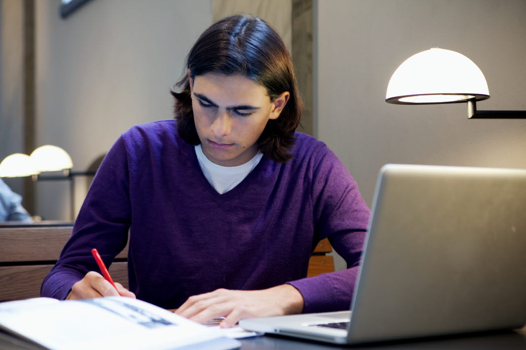 En man i lila tröja som sitter vid sin dator och studerar