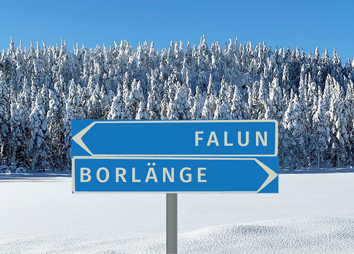 Vägskyltar som visar riktning "Falun" respektive "Borlänge" i ett vintrigt landskap.